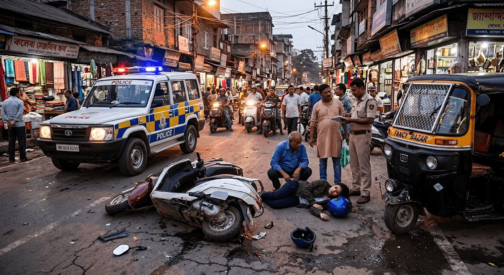 Horrific Head-On Crash in Fancy Bazar: Young Woman Scooterist Seriously Injured in Auto-Rickshaw Collision Horrific Head-On Crash in Fancy Bazar: Young Woman Scooterist Seriously Injured in Auto-Rickshaw Collision
