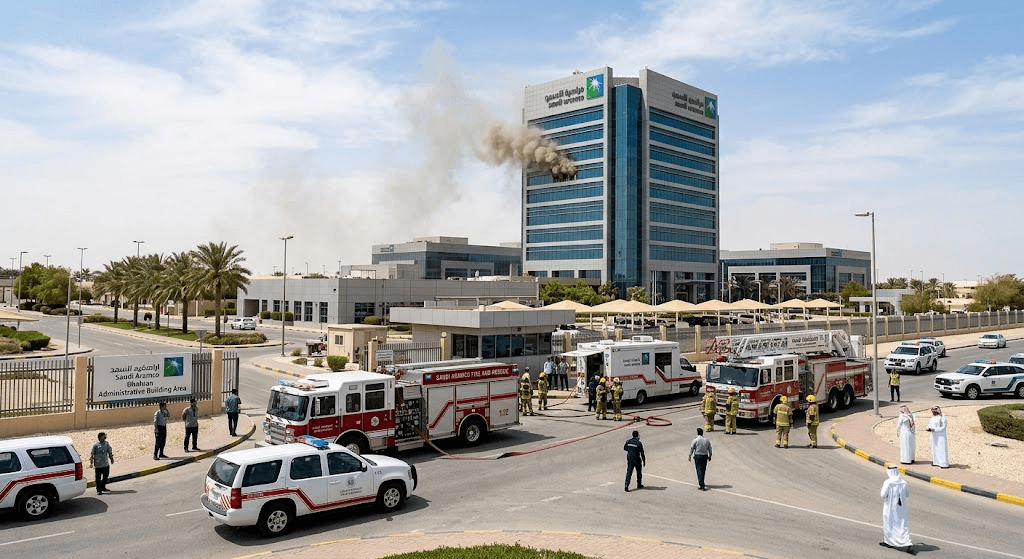 Fire Erupts at Saudi Aramco Headquarters Complex in Dhahran After Strike Fire Erupts at Saudi Aramco Headquarters Complex in Dhahran After Strike