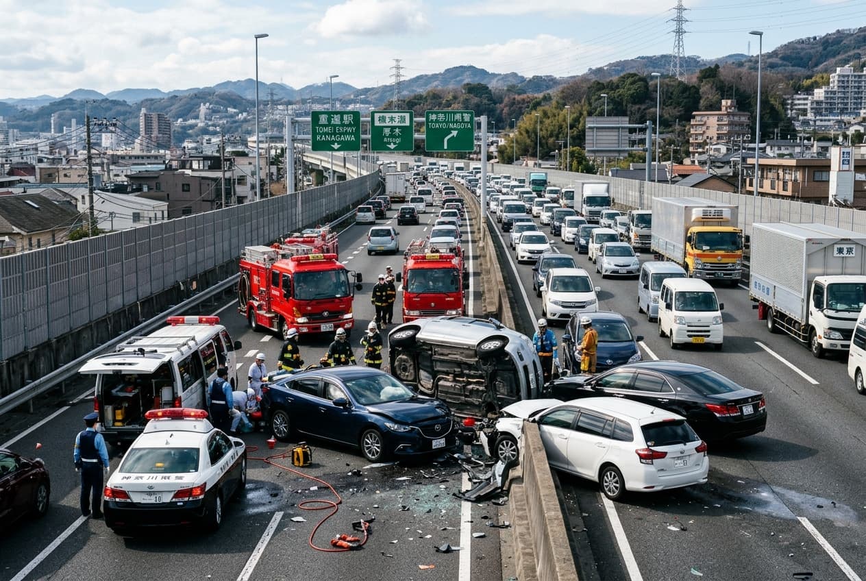 High Speed Pileup in Kanagawa: Four Vehicle Highway Crash Injures Five Passengers, Blocks Lanes, Traffic Halted High Speed Pileup in Kanagawa: Four Vehicle Highway Crash Injures Five Passengers, Blocks Lanes, Traffic Halted