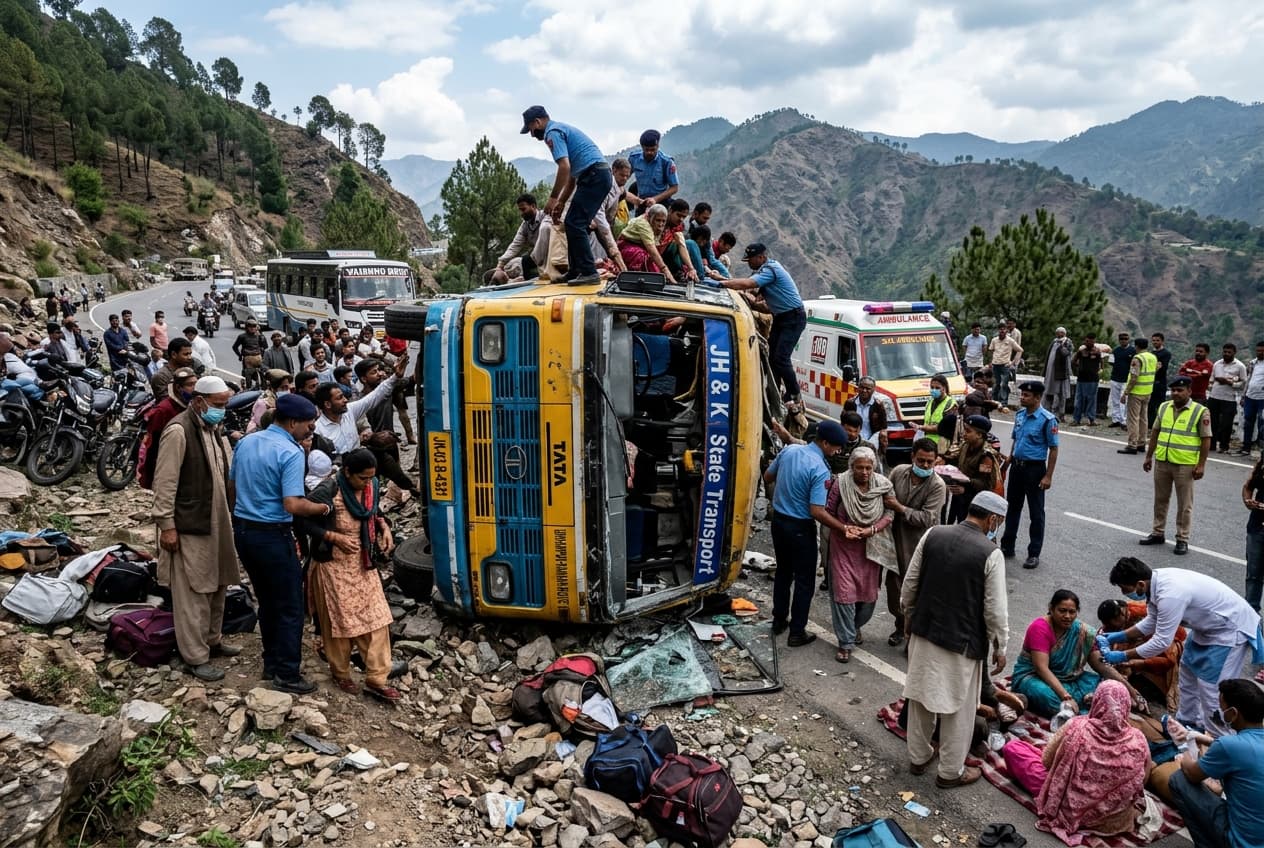 Ten Injured As Passenger Bus Overturns In Udhampur, Vehicle Leaves Road, Traffic Diverted, Officials Respond Ten Injured As Passenger Bus Overturns In Udhampur, Vehicle Leaves Road, Traffic Diverted, Officials Respond