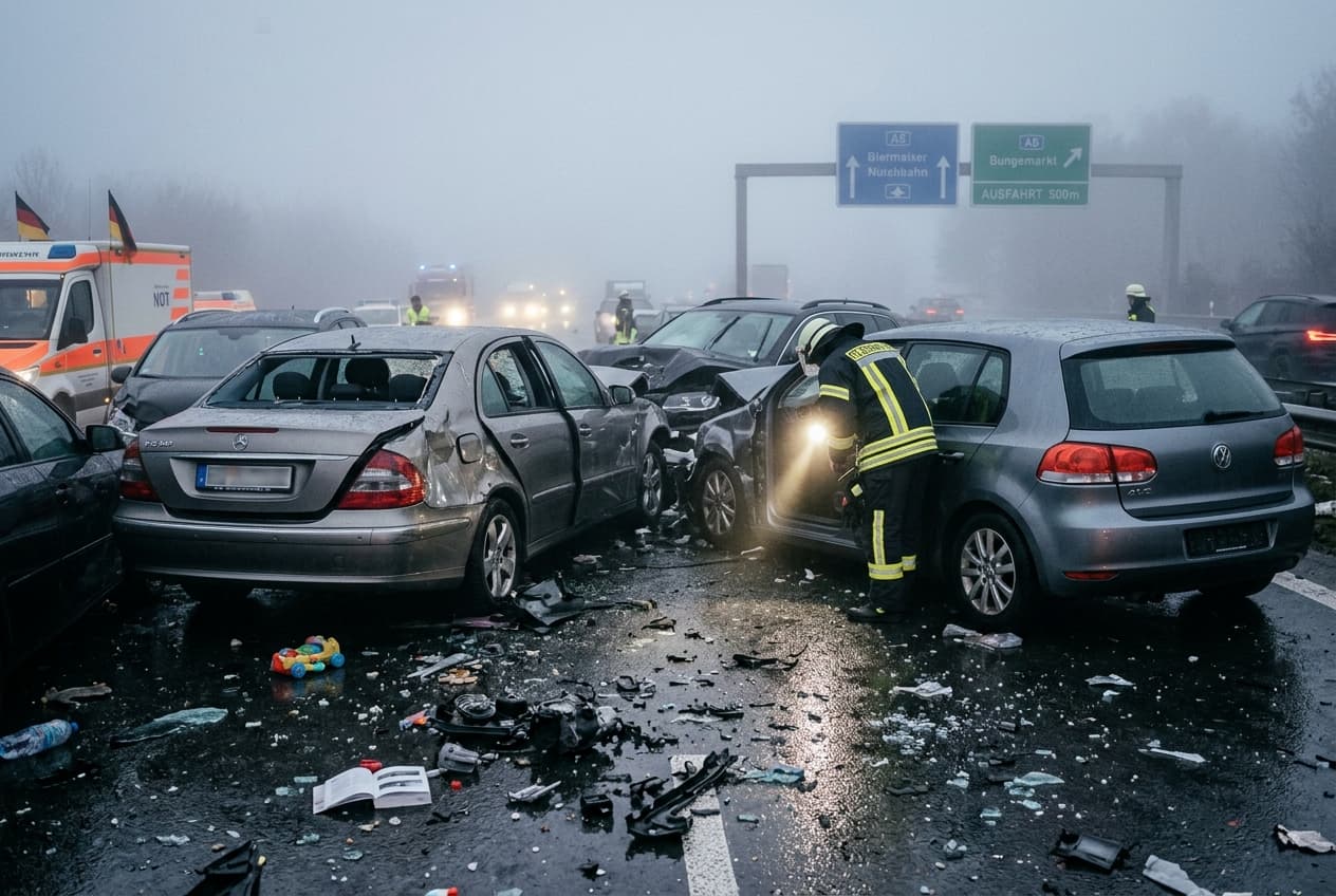 Fourteen Injured In Major Autobahn Pileup Amid Dense Fog, German Highway Shut, Rescue Helicopters Land Fourteen Injured In Major Autobahn Pileup Amid Dense Fog, German Highway Shut, Rescue Helicopters Land