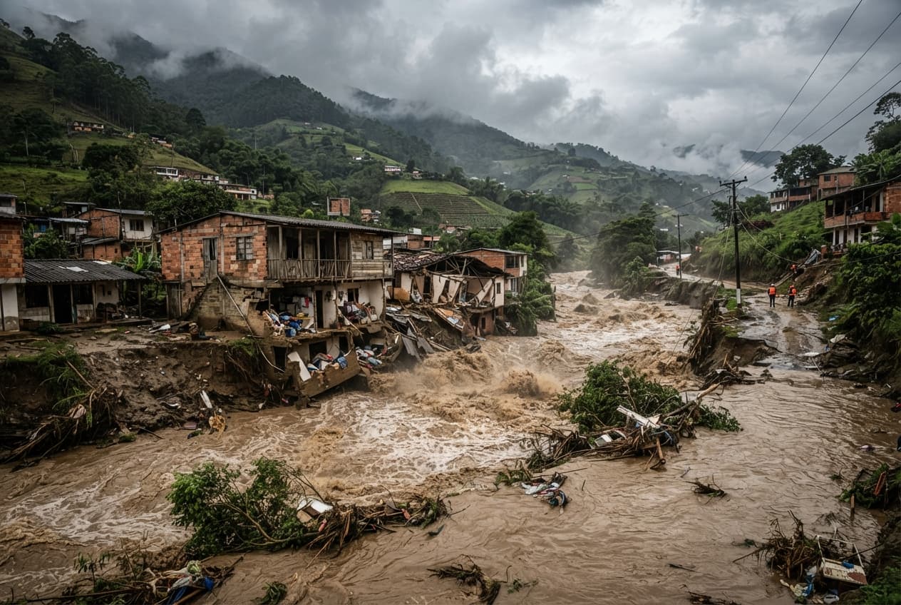 Flash Flood Crisis, Antioquia: Heavy Downpours Trigger River Overflow, Sweeping Away Houses and Two Lives Flash Flood Crisis, Antioquia: Heavy Downpours Trigger River Overflow, Sweeping Away Houses and Two Lives