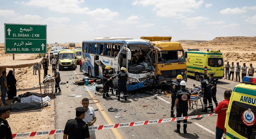 Tragedy on the Highway: 3 Dead, 64 Injured in Devastating Dabaa Bus-Truck Collision Tragedy on the Highway: 3 Dead, 64 Injured in Devastating Dabaa Bus-Truck Collision