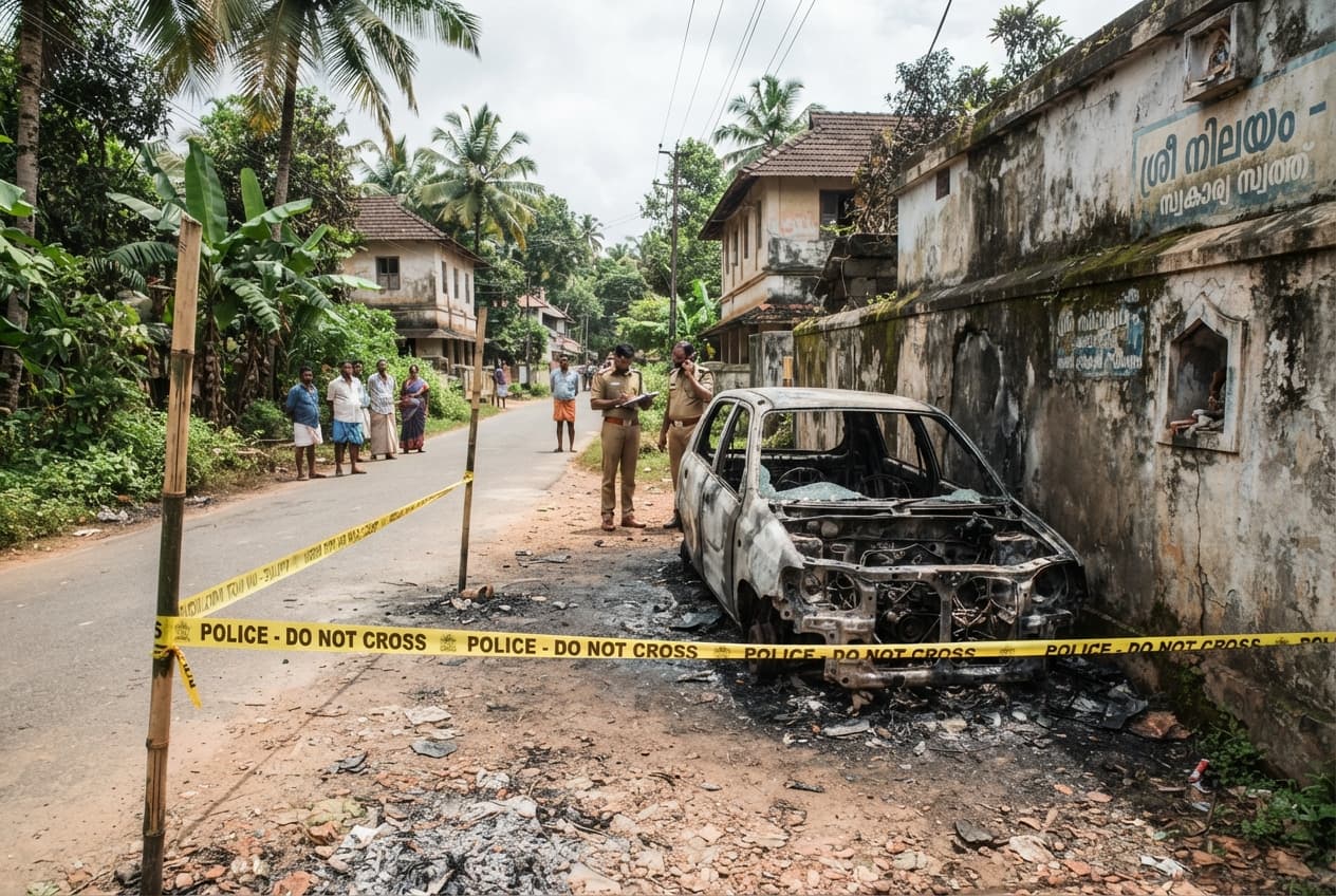 Kerala Car Fire: Elderly Man Burnt to Death After Collision with Compound Wall Kerala Car Fire: Elderly Man Burnt to Death After Collision with Compound Wall