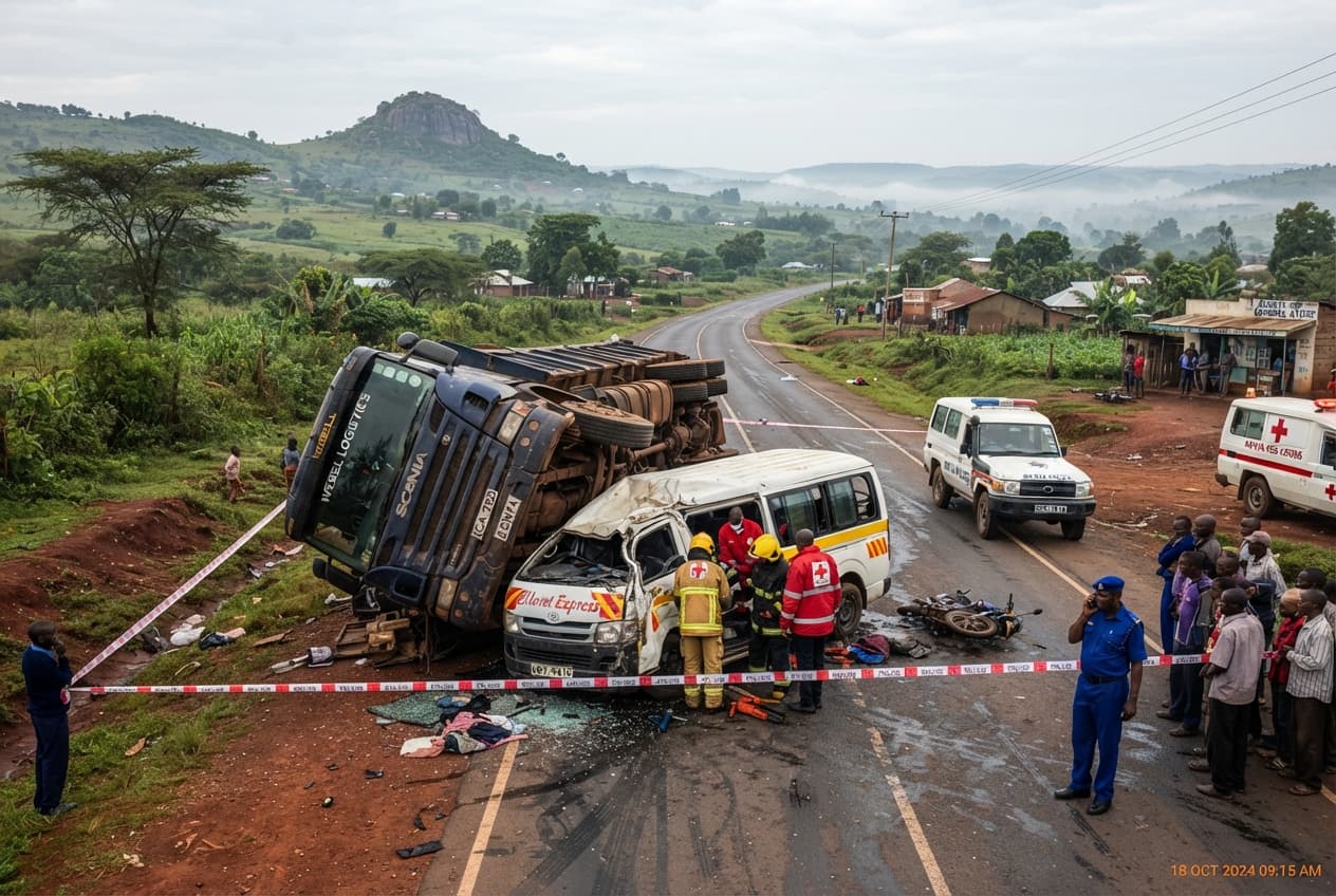 Highway Tragedy, Western Kenya: Overturned Cargo Truck Crushes Minibus, Leaving Nine Dead Highway Tragedy, Western Kenya: Overturned Cargo Truck Crushes Minibus, Leaving Nine Dead