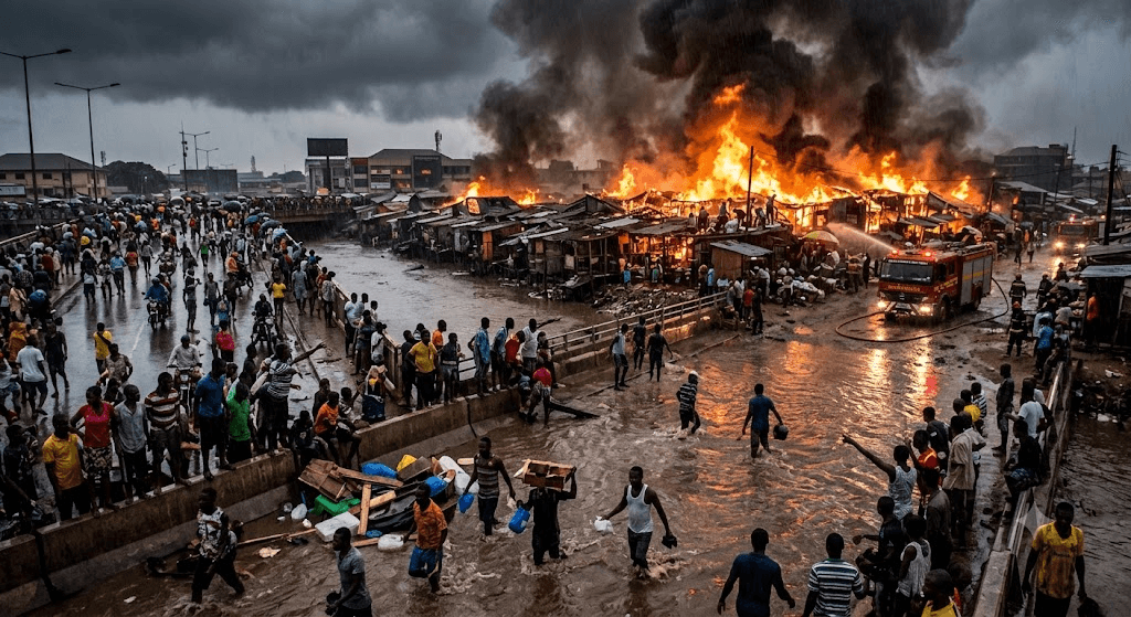 Double Disaster in Accra: Severe Floods Strand Residents as Fire Ravages Odorna Market Double Disaster in Accra: Severe Floods Strand Residents as Fire Ravages Odorna Market