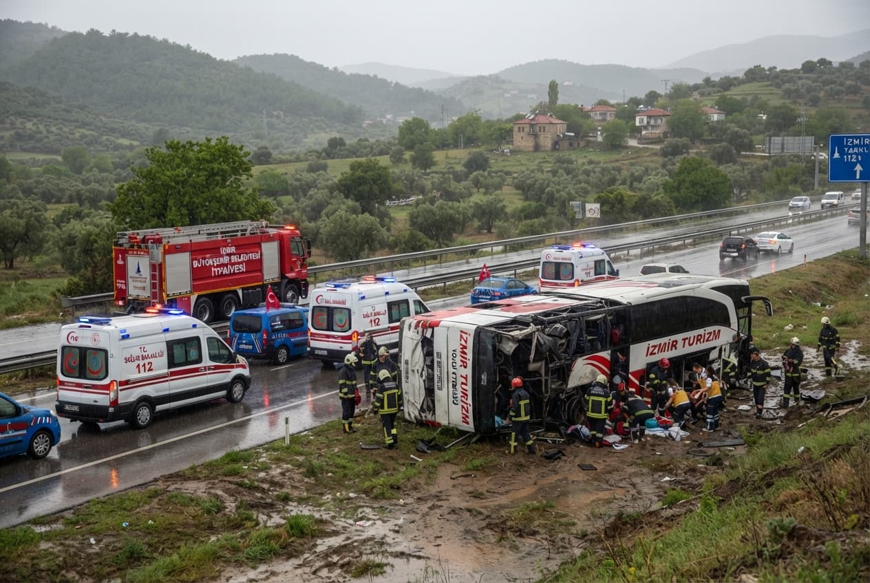 Izmir Coach Skids: Wet Asphalt Causes Passenger Bus to Overturn Leaving Two Dead and Fifteen Injured Izmir Coach Skids: Wet Asphalt Causes Passenger Bus to Overturn Leaving Two Dead and Fifteen Injured