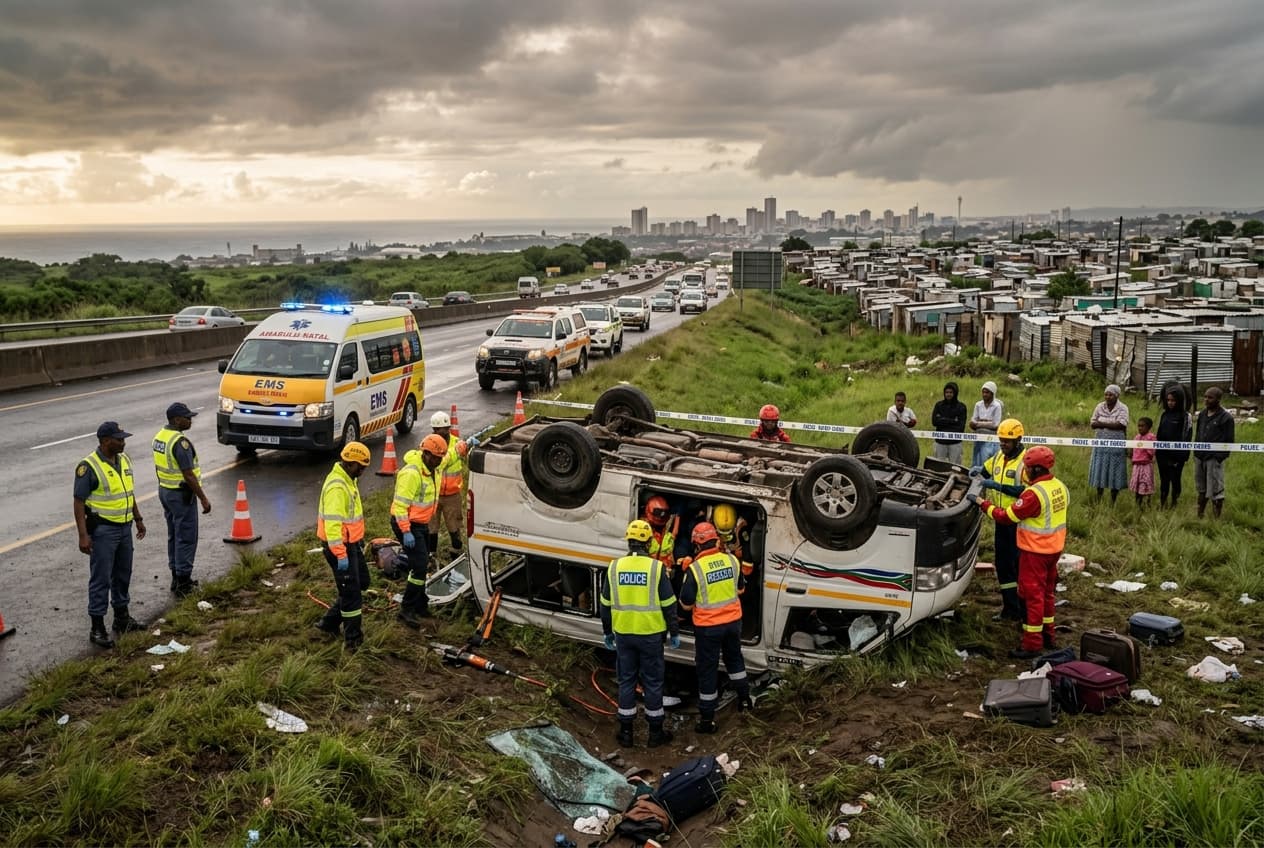Two Dead, Five Hospitalized After Commuter Minibus Taxi Flips on Durban Freeway Two Dead, Five Hospitalized After Commuter Minibus Taxi Flips on Durban Freeway