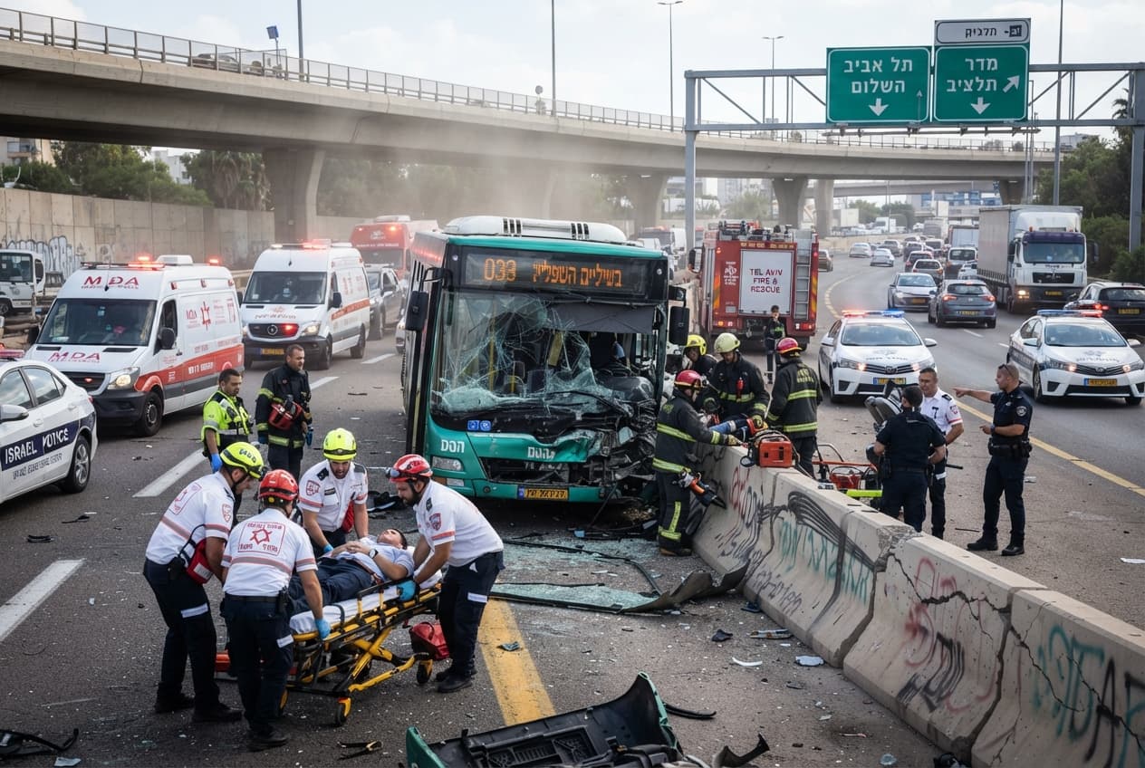 Tel Aviv Highway Crash: Intercity Bus Slams Into Guardrail Leaving One Dead and Eighteen Injured Tel Aviv Highway Crash: Intercity Bus Slams Into Guardrail Leaving One Dead and Eighteen Injured