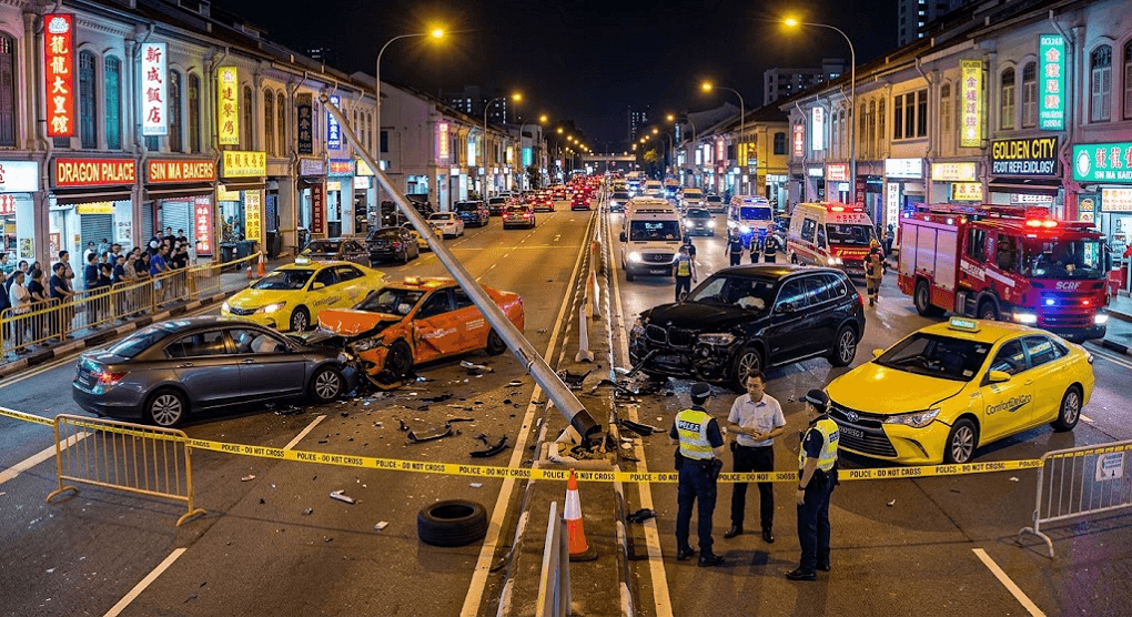 Major Multi-Vehicle Crash Knocks Down Lamp Post and Shuts Down Geylang Lanes Major Multi-Vehicle Crash Knocks Down Lamp Post and Shuts Down Geylang Lanes