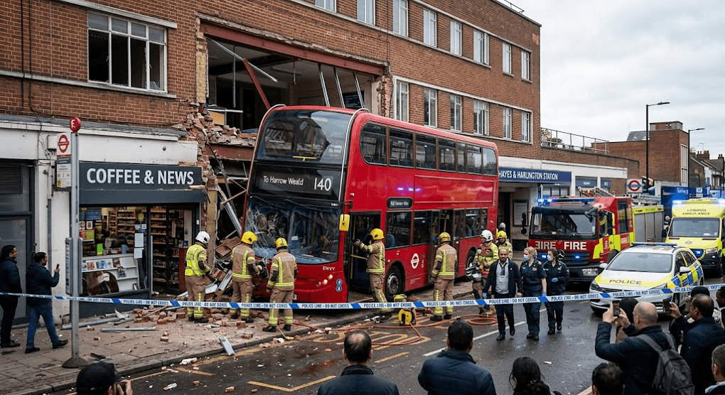 Double-Decker Bus Crashes into Building Outside Hayes &Harlington Station Double-Decker Bus Crashes into Building Outside Hayes &Harlington Station