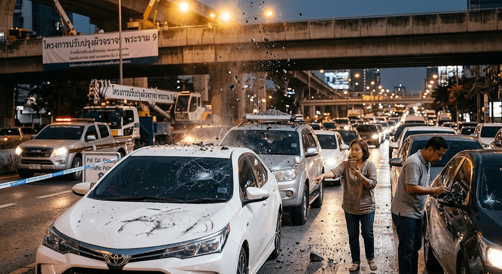 Falling Asphalt Wreaks Havoc on Bangkok’s Rama 9 Road: Over 70 Vehicles Damaged Falling Asphalt Wreaks Havoc on Bangkok’s Rama 9 Road: Over 70 Vehicles Damaged