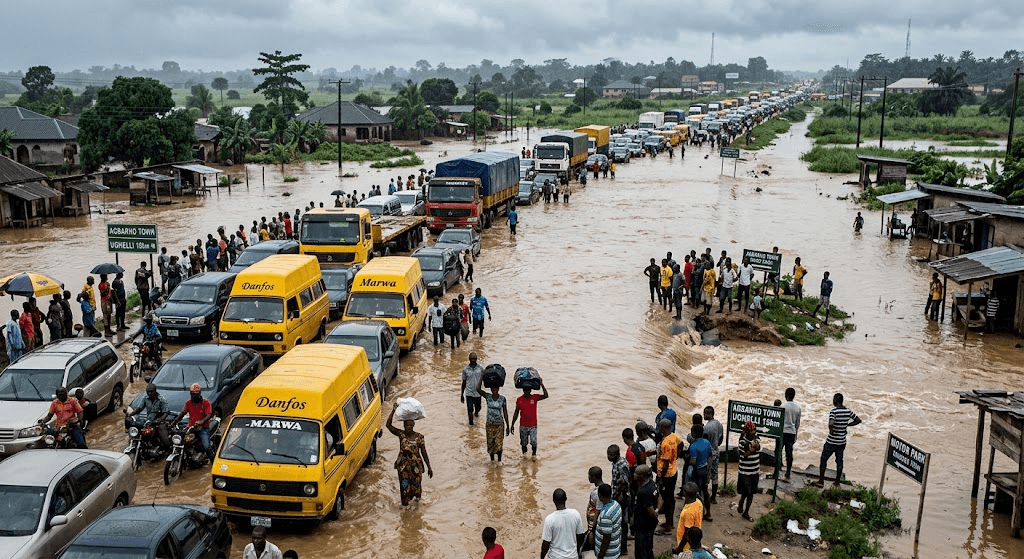 Waterlogged Highway: Flooding Cuts Off Crucial Agbarho–Ughelli Route, Leaving Commuters Trapped Waterlogged Highway: Flooding Cuts Off Crucial Agbarho–Ughelli Route, Leaving Commuters Trapped