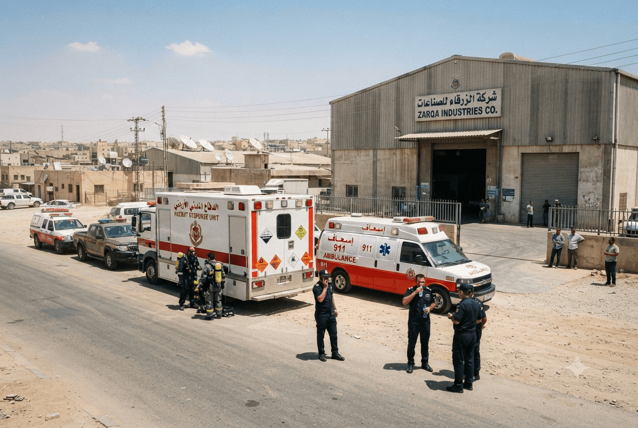 Factory Chemical Leak: Industrial Accident in Zarqa Sends Nine Workers to Intensive Care Unit Factory Chemical Leak: Industrial Accident in Zarqa Sends Nine Workers to Intensive Care Unit