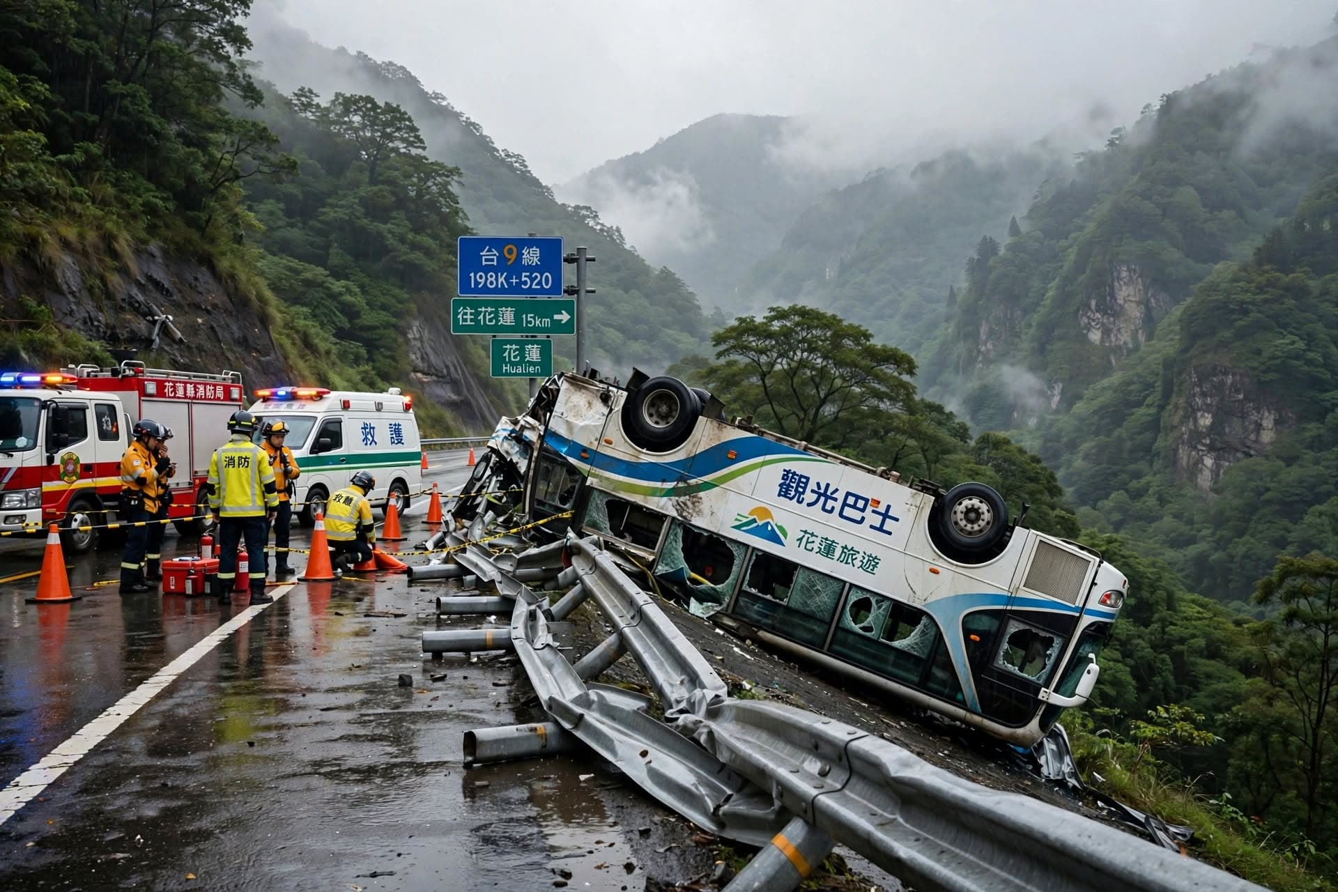 Hualien Mountain Crash: Tourist Bus Overturns on Steep Highway, Killing Two Passengers Instantly Hualien Mountain Crash: Tourist Bus Overturns on Steep Highway, Killing Two Passengers Instantly