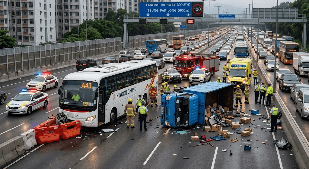 Traffic Alert: Major Crash Near Tsung Pak Long Leaves Truck Overturned on Fanling Highway Traffic Alert: Major Crash Near Tsung Pak Long Leaves Truck Overturned on Fanling Highway