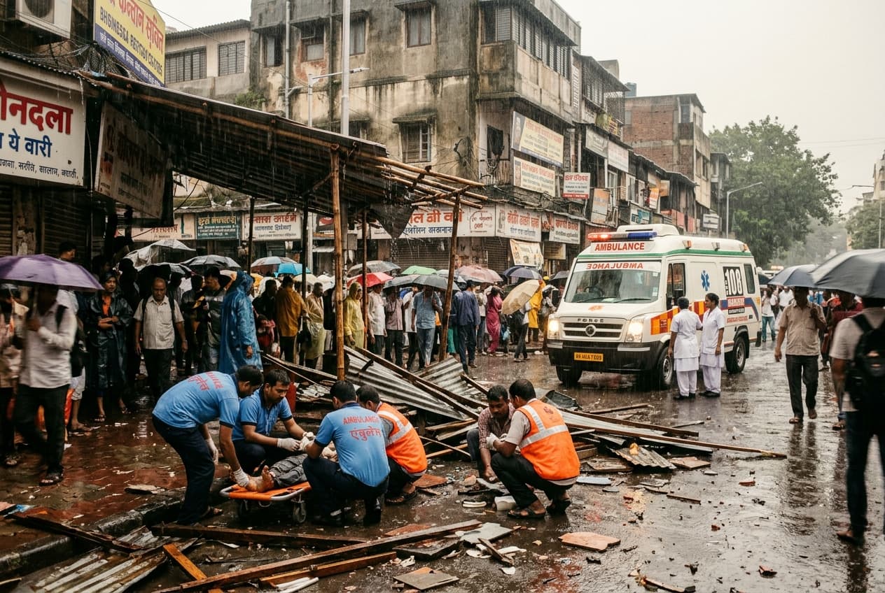 Building Canopy Collapses in Heavy Rain: Four Pedestrians Hospitalized as Strong Gusts Batter Indian City Streets Building Canopy Collapses in Heavy Rain: Four Pedestrians Hospitalized as Strong Gusts Batter Indian City Streets