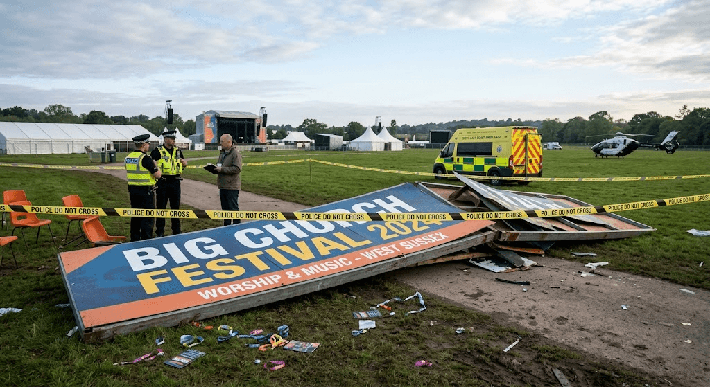 Massive Sign Collapse Leaves 1 Dead and 6 Injured at West Sussex Christian Event Massive Sign Collapse Leaves 1 Dead and 6 Injured at West Sussex Christian Event