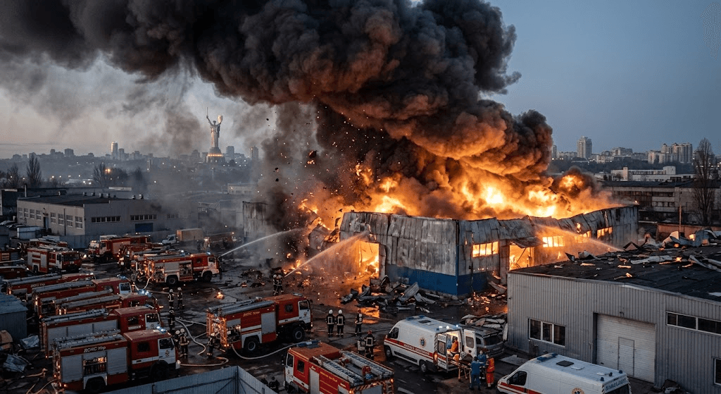 Kyiv Skyline Engulfed in Smoke as Falling Drone Debris Ignites Industrial Warehouses Kyiv Skyline Engulfed in Smoke as Falling Drone Debris Ignites Industrial Warehouses
