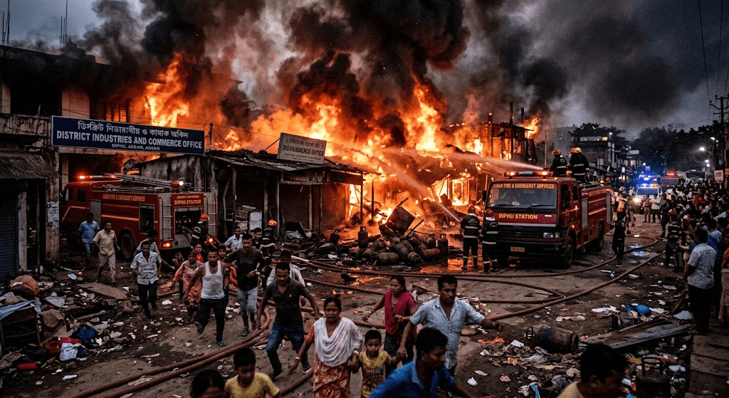 LPG Cylinder Explosions Trigger Panic as Major Fire Breaks Out in Diphu LPG Cylinder Explosions Trigger Panic as Major Fire Breaks Out in Diphu