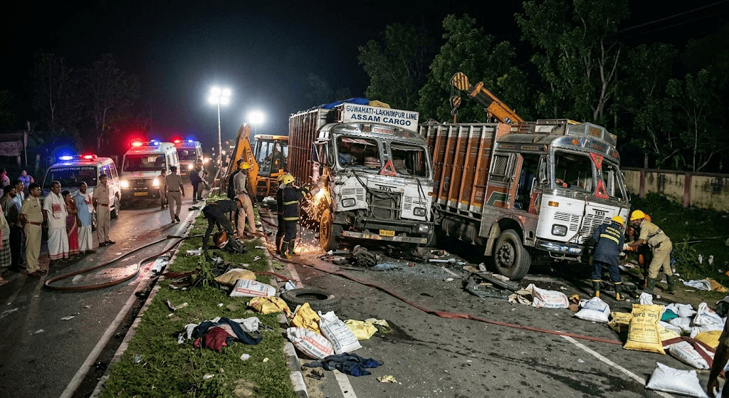 Tragic Late-Night Crash on NH-15: 2 Dead After Three-Truck Collision in Lakhimpur Tragic Late-Night Crash on NH-15: 2 Dead After Three-Truck Collision in Lakhimpur