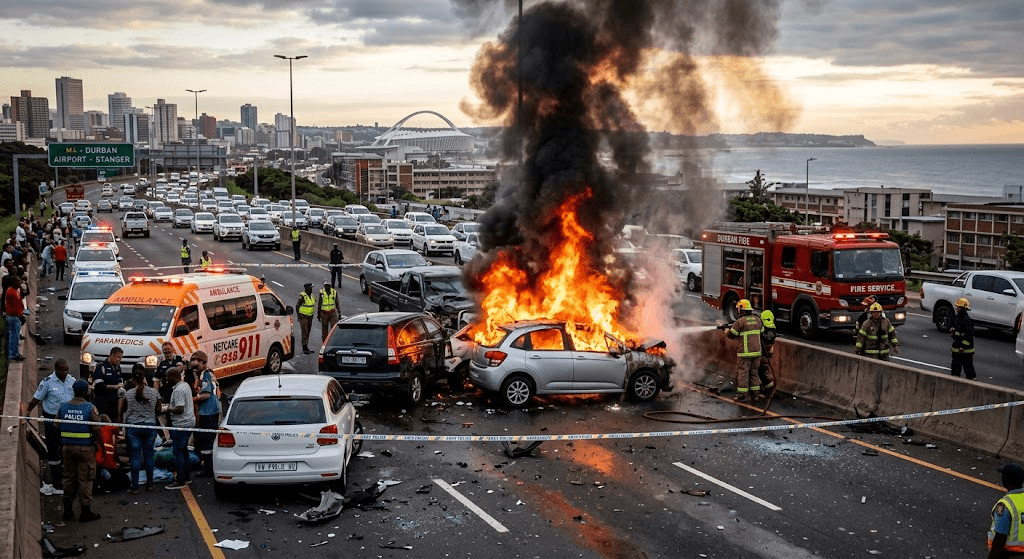 M4 Durban Horror: Multiple Vehicles Collide as Car Bursts into Flames M4 Durban Horror: Multiple Vehicles Collide as Car Bursts into Flames