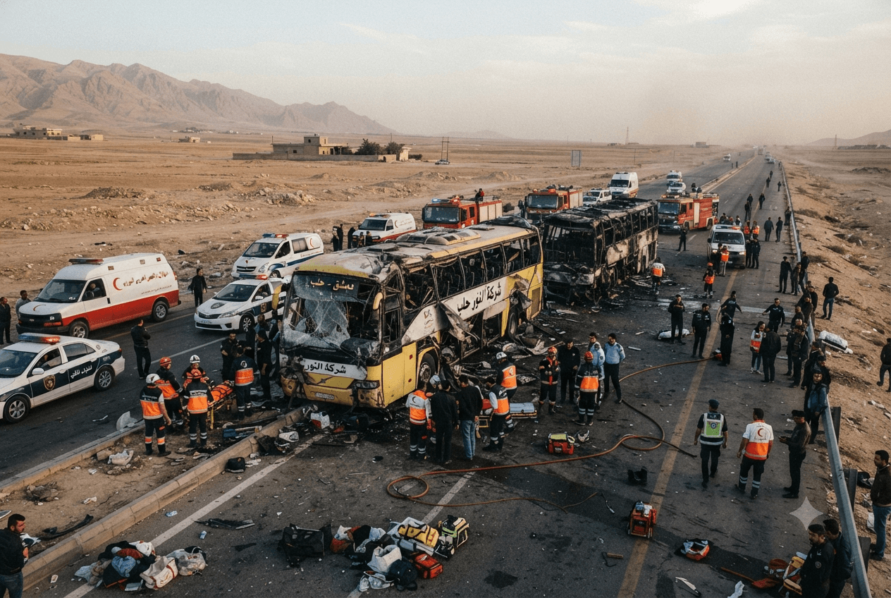 Highway Collision: Central Syria Bus Crash Leaves Thirty-Five Dead and Dozens Injured After Direct Impact Highway Collision: Central Syria Bus Crash Leaves Thirty-Five Dead and Dozens Injured After Direct Impact