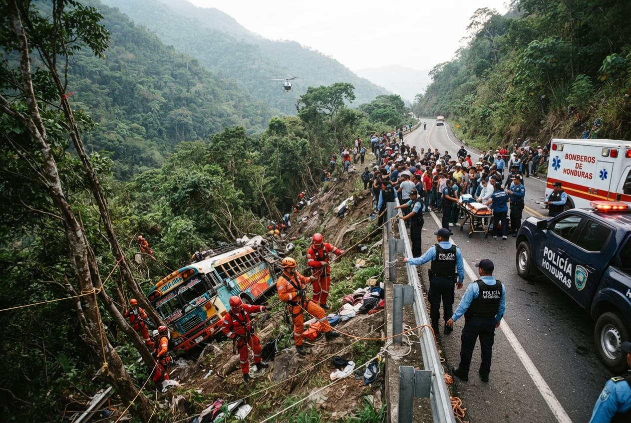 Mountain Road Tragedy: Honduras Public Transport Bus Skids Off Slippery Cliffside Road Leaving Three Dead Mountain Road Tragedy: Honduras Public Transport Bus Skids Off Slippery Cliffside Road Leaving Three Dead