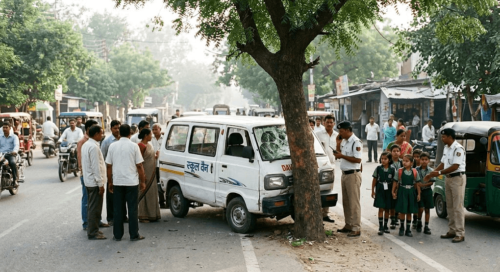 School Van Carrying 4 Children Crashes Into Tree Near Sen Chowk in Ghaziabad School Van Carrying 4 Children Crashes Into Tree Near Sen Chowk in Ghaziabad