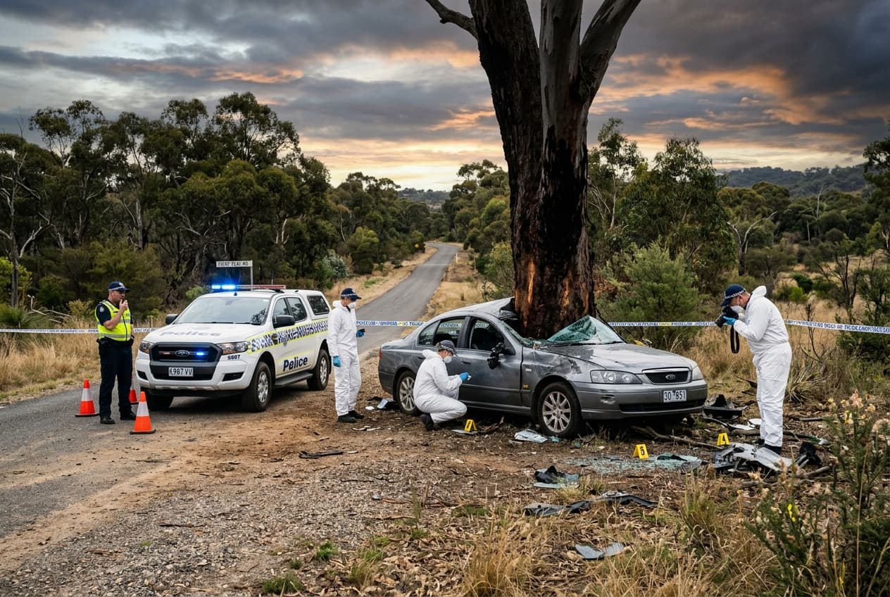 Fatal Tree Crash in Fiery Flat Claims Teenager: Police Close Road, Forensic Teams Examine Wreckage Fatal Tree Crash in Fiery Flat Claims Teenager: Police Close Road, Forensic Teams Examine Wreckage