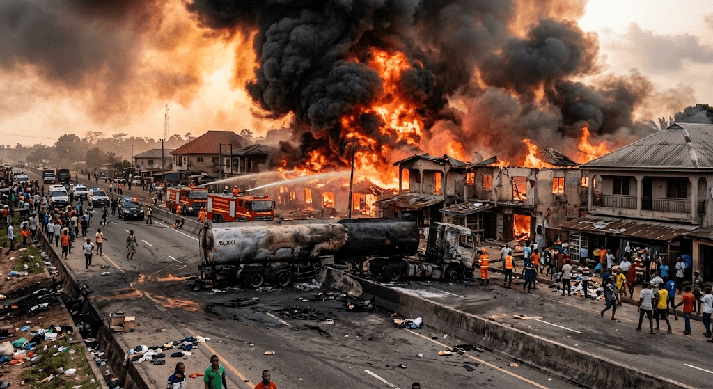 Inferno on Calabar Highway: Fuel Tanker Crash Sparks Massive Fire, Gutting Nearby Shops Inferno on Calabar Highway: Fuel Tanker Crash Sparks Massive Fire, Gutting Nearby Shops