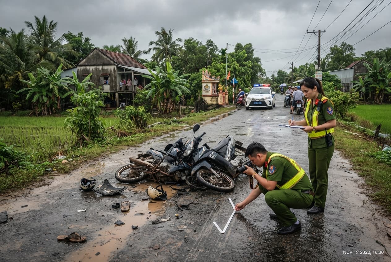 Head-On Collision Disaster, Can Tho: Motorbike Crash on Rural Road Leaves Two Dead in Evening Impact Head-On Collision Disaster, Can Tho: Motorbike Crash on Rural Road Leaves Two Dead in Evening Impact