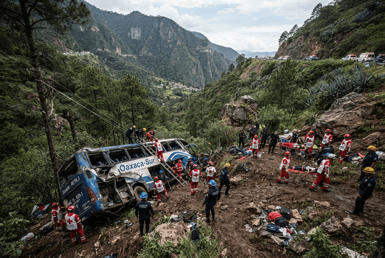 Transit Emergency: Passenger Bus Plunges on Oaxaca Mountain Route Resulting in Heavy Toll Transit Emergency: Passenger Bus Plunges on Oaxaca Mountain Route Resulting in Heavy Toll