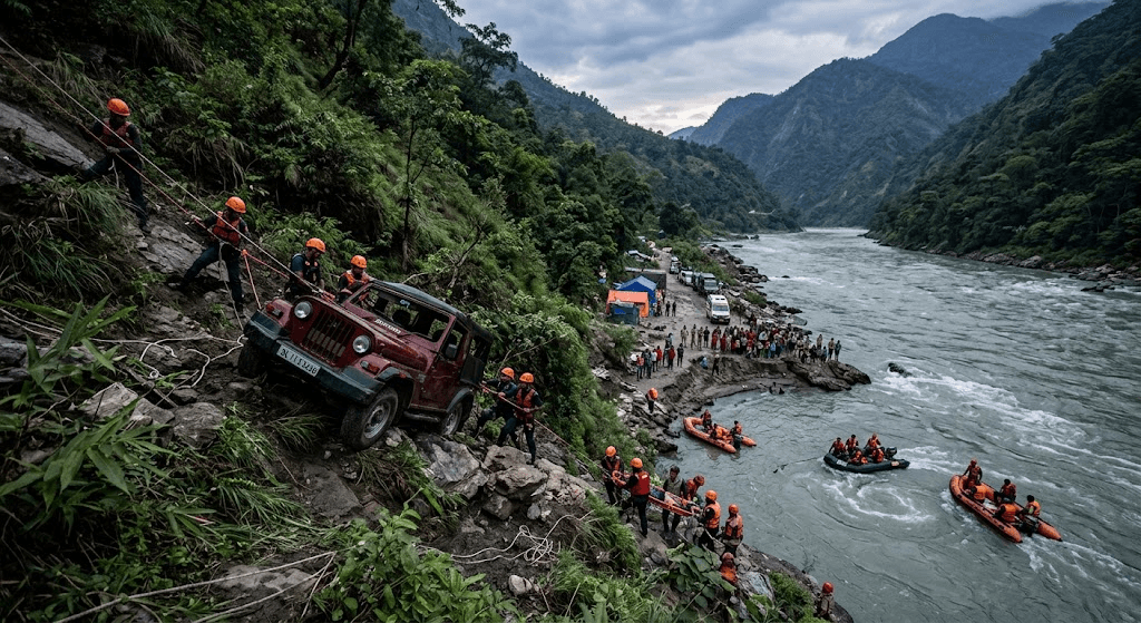 Delhi Vehicle Plunges 300 Feet Into Arunachal’s Lohit River: 1 Dead, 3 Missing in Tragic Crash Delhi Vehicle Plunges 300 Feet Into Arunachal’s Lohit River: 1 Dead, 3 Missing in Tragic Crash