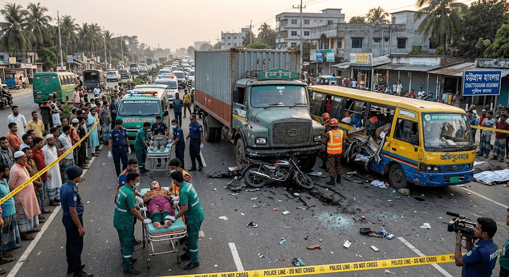 Tragic Highway Crash in Chattogram: Four Dead, Eight Injured After Motorcycle and Lorry Collide Tragic Highway Crash in Chattogram: Four Dead, Eight Injured After Motorcycle and Lorry Collide