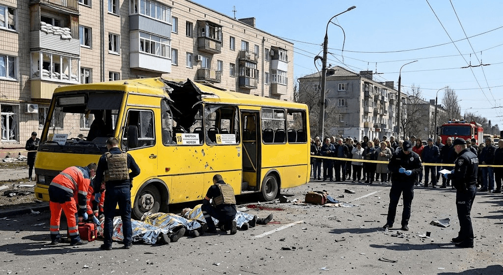 Tragedy in Kherson: Russian Drone Strike Hits Passenger Bus, Killing 4 Tragedy in Kherson: Russian Drone Strike Hits Passenger Bus, Killing 4