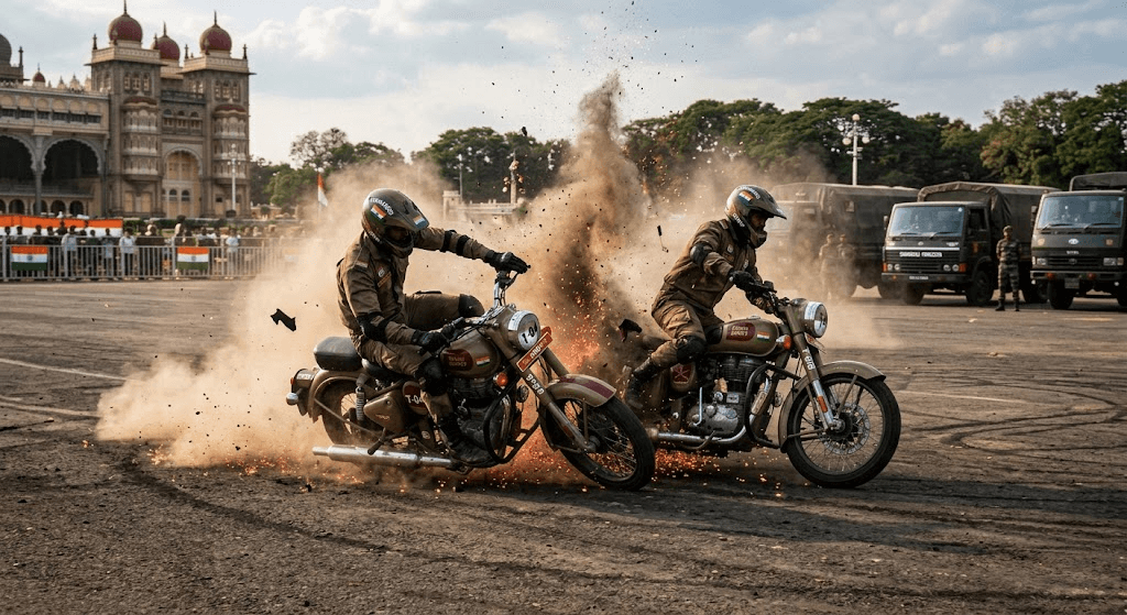 Collision at Top Speed: Two Tornadoes Army Bikers Crash During Thrilling Stunt Rehearsal in Mysuru Collision at Top Speed: Two Tornadoes Army Bikers Crash During Thrilling Stunt Rehearsal in Mysuru