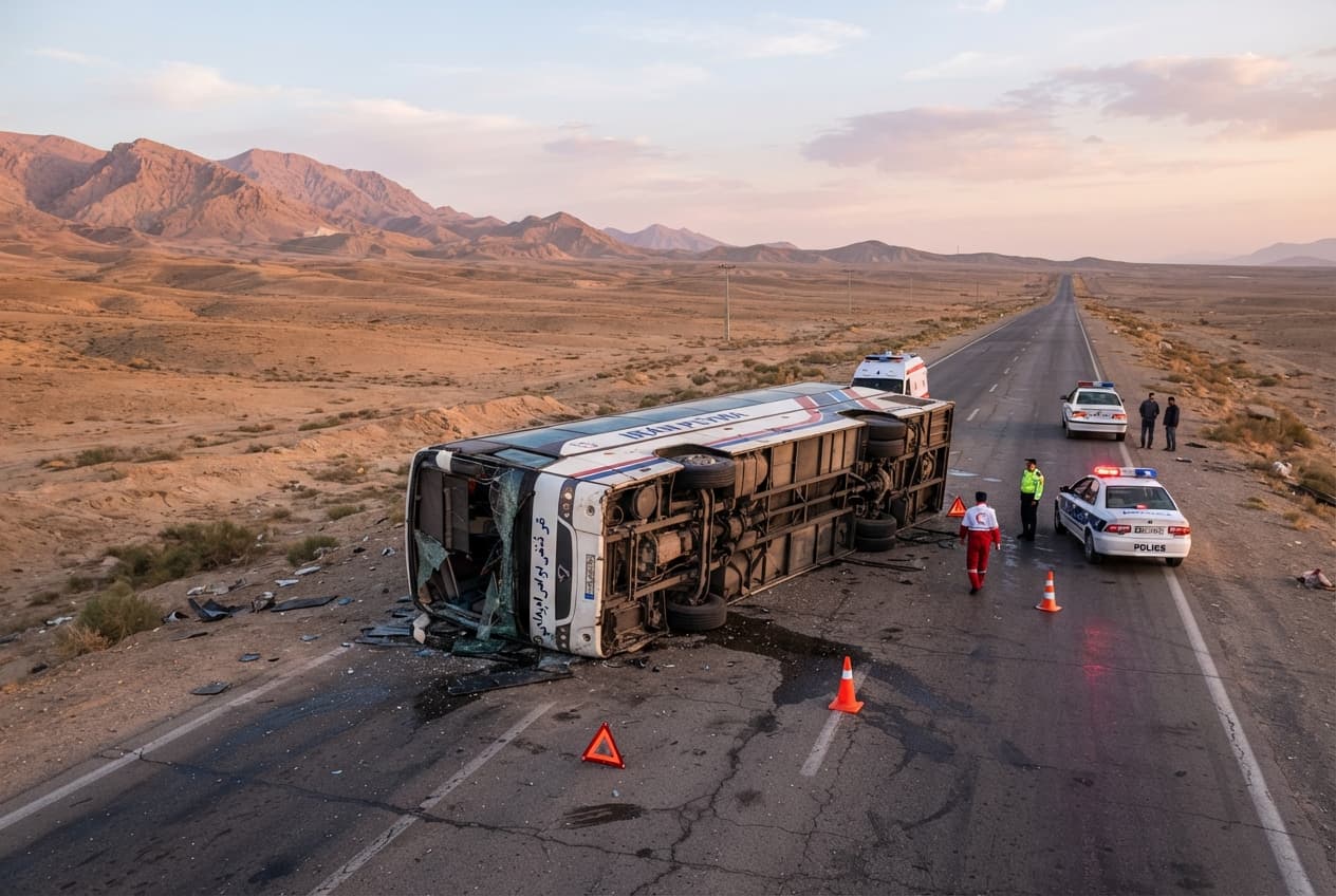Central Iran Freeway Disaster: Eleven Dead and Twenty-Four Injured After Passenger Bus Overturns Central Iran Freeway Disaster: Eleven Dead and Twenty-Four Injured After Passenger Bus Overturns