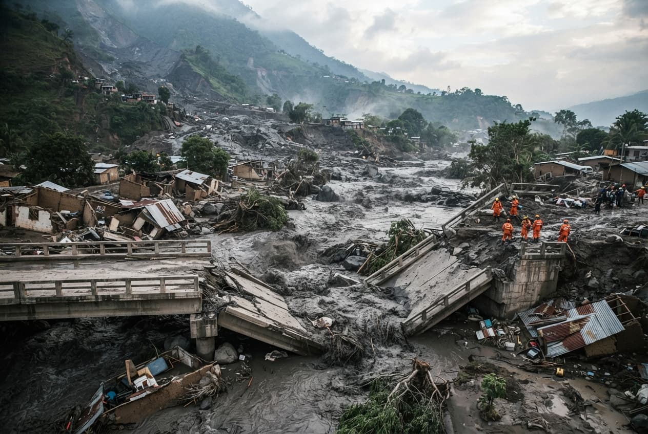 Volcanic Lahar Destruction: Village Infrastructure Obliterated as Volcanic Mudflows Sweep Local Region Volcanic Lahar Destruction: Village Infrastructure Obliterated as Volcanic Mudflows Sweep Local Region