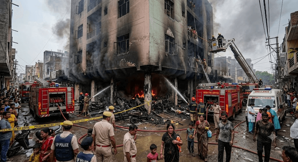 Tragedy in Noida: Two Dead After Massive Fire Devastates Multi-Storey Building Tragedy in Noida: Two Dead After Massive Fire Devastates Multi-Storey Building