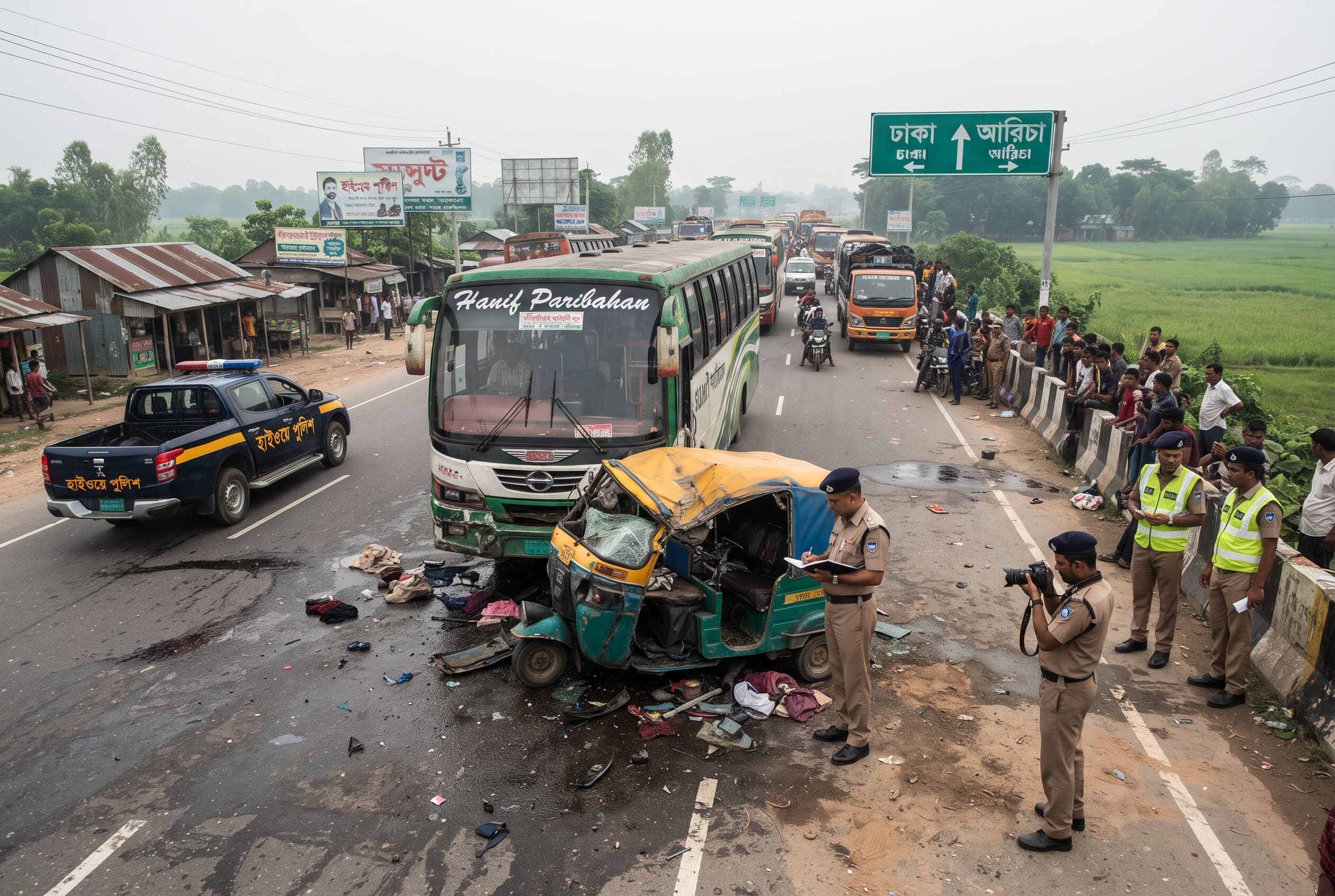 Deadly Crash on Dhaka-Aricha Highway: Passenger Bus Ploughs Into Three-Wheeler, Two Killed on Impact Deadly Crash on Dhaka-Aricha Highway: Passenger Bus Ploughs Into Three-Wheeler, Two Killed on Impact