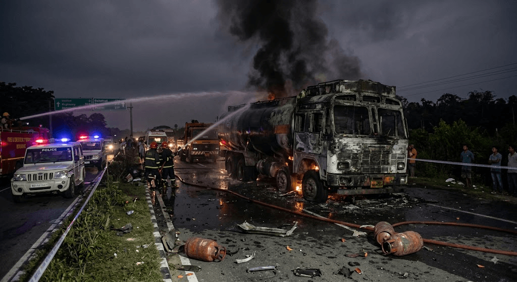 Inferno on NH-37: Petroleum Tanker Gutted by Fire in Fiery Collision Near Bokakhat Inferno on NH-37: Petroleum Tanker Gutted by Fire in Fiery Collision Near Bokakhat