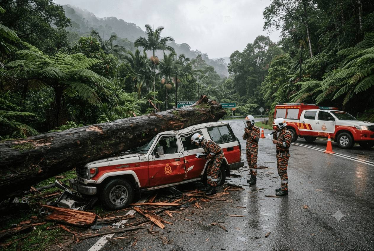 Falling Tree Disaster: Massive Timber Crush Kills Four Family Members Along Pahang Mountain Pass Falling Tree Disaster: Massive Timber Crush Kills Four Family Members Along Pahang Mountain Pass