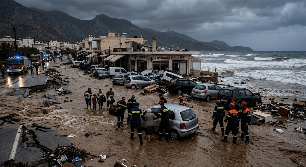 Tragedy in Greece: Deadly Thunderstorms Cause Widespread Deluge Across Crete Island, Schools Closed Tragedy in Greece: Deadly Thunderstorms Cause Widespread Deluge Across Crete Island, Schools Closed