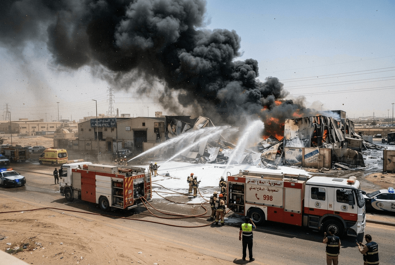 Industrial Warehouse Fire: Blazing Inferno in Riyadh Industrial Zone Kills One Worker and Injures Five Industrial Warehouse Fire: Blazing Inferno in Riyadh Industrial Zone Kills One Worker and Injures Five