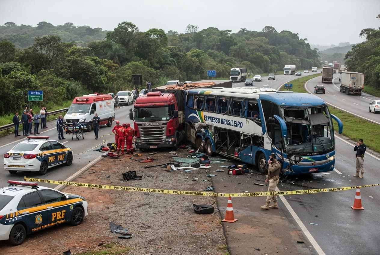 Highway Crash Claims Twenty-Three Lives: Head-On Collision Between Bus and Truck Shocks Brazil Highway Crash Claims Twenty-Three Lives: Head-On Collision Between Bus and Truck Shocks Brazil