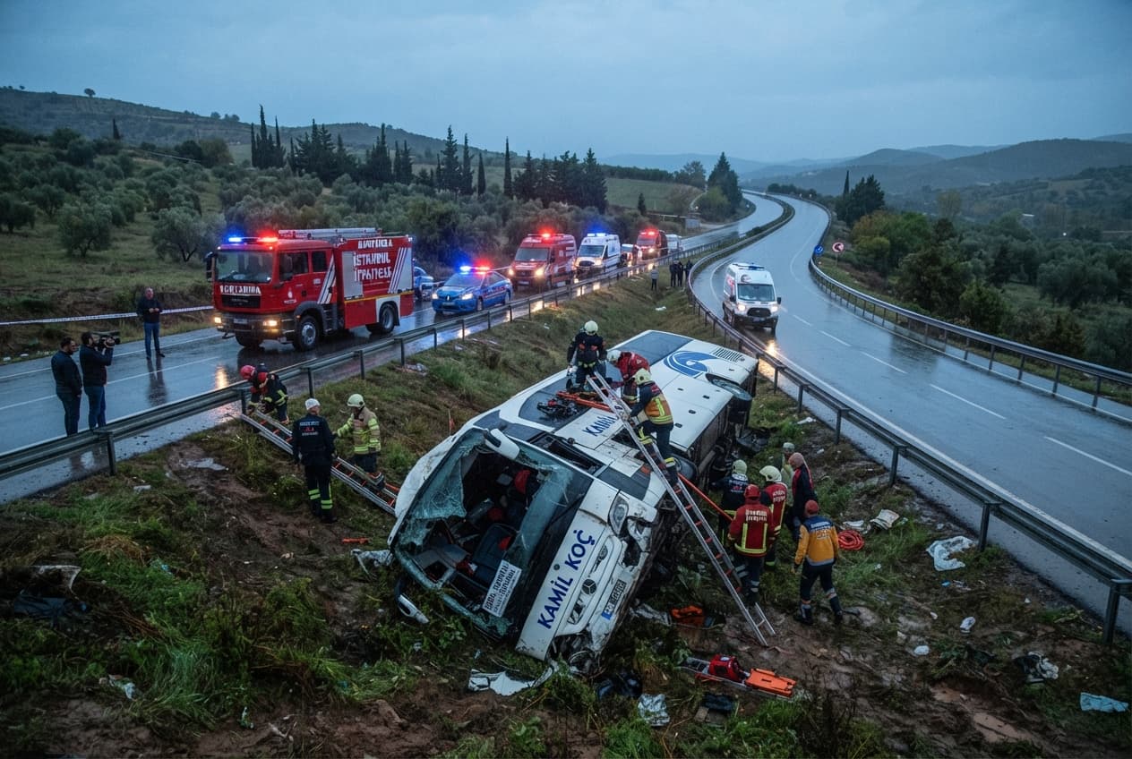 Slick Asphalt Crash: Intercity Bus Overturns in Western Turkey, Killing Three Passengers Slick Asphalt Crash: Intercity Bus Overturns in Western Turkey, Killing Three Passengers