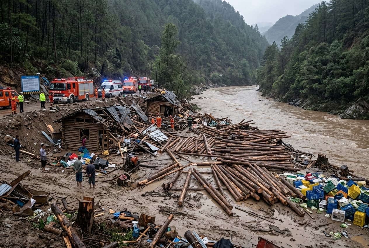 Three Dead in Yunnan: Flash Flood Destroys Logging Camp Near Roadside, Rescue Teams Search Muddy Terrain Three Dead in Yunnan: Flash Flood Destroys Logging Camp Near Roadside, Rescue Teams Search Muddy Terrain
