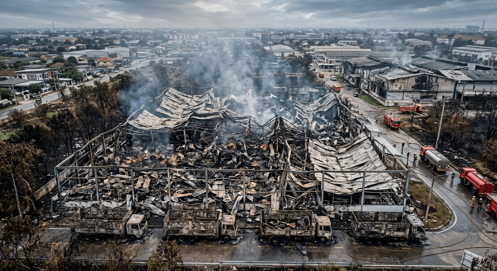 Inferno Destroys Ayutthaya Latex Mattress Factory: Warehouse Collapses as Fire Consumes 4 Lorries Inferno Destroys Ayutthaya Latex Mattress Factory: Warehouse Collapses as Fire Consumes 4 Lorries