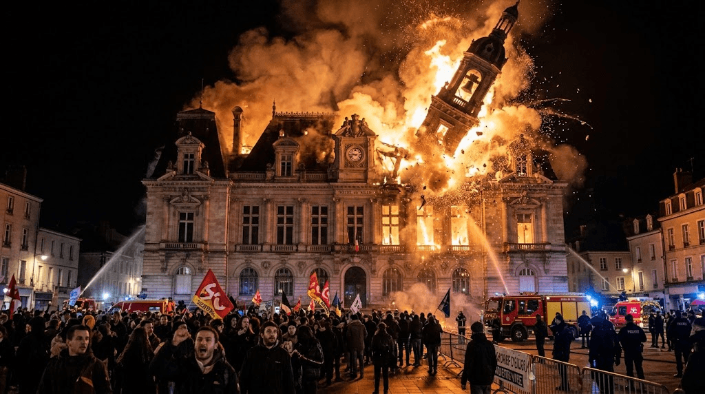 Historic Tower Falls: Limoges City Hall Bell Tower Collapses as Flames Engulf Landmark Historic Tower Falls: Limoges City Hall Bell Tower Collapses as Flames Engulf Landmark